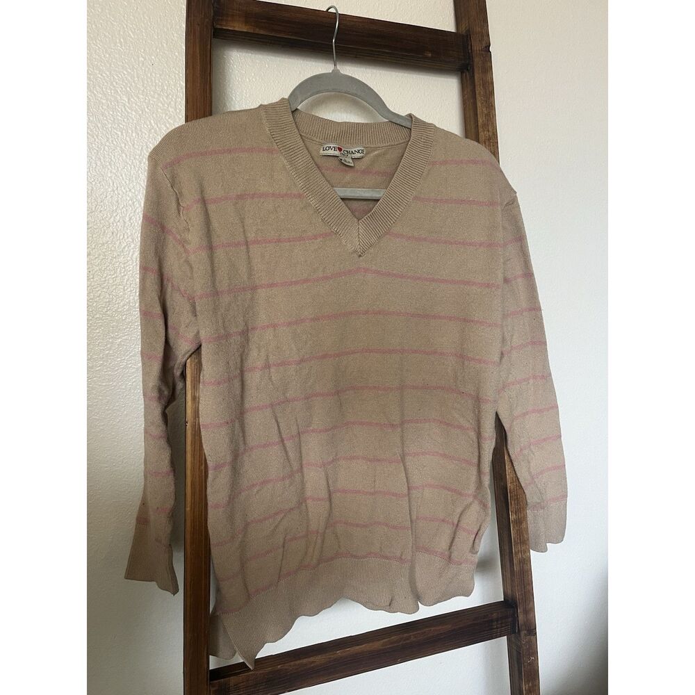Love Change Maternity Beige Pink Striped V-Neck Sweater Long Sleeve Size L